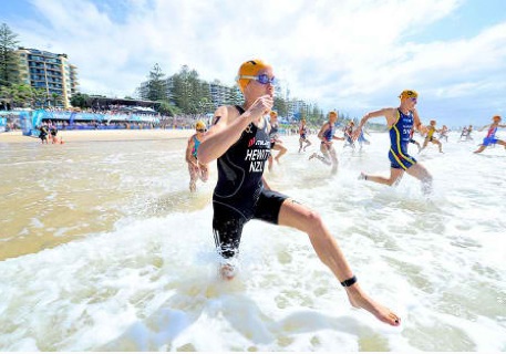 Andrea Hewitt at the start of the 2012 Mooloolaba ITU Triathlon World Cup. 